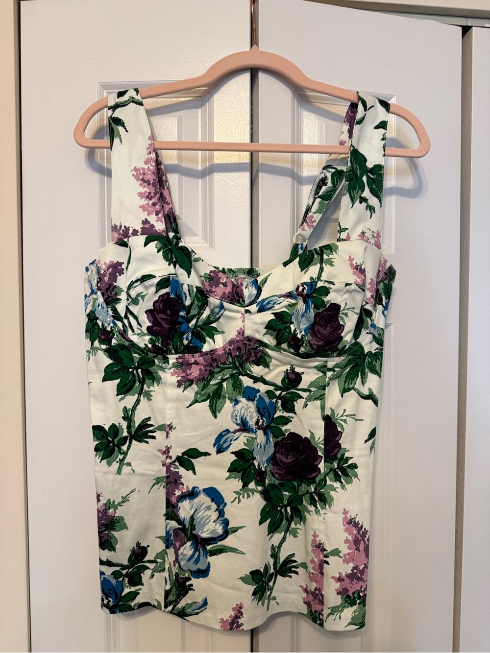 Floral Bustier Tank Top - White with Purple & Green Floral Print